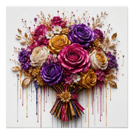 Póster Arte de Rosa Luxuosa com Ouro e Pingos Coloridos