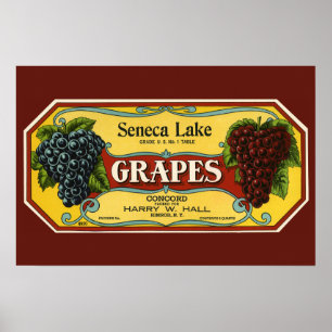 Póster Arte de rótulo de caixa de frutas vintage, uvas do