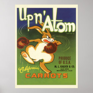 Poster Arte de rótulo vintage coelho boxeador, cenouras U