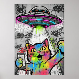 Poster Arte de Rua Colorida de Gato com Grafite de OVNI