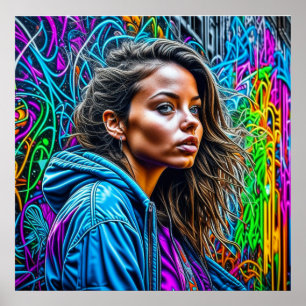 Poster Arte de Rua Grafite Colorido Mulher Bonita em Bran