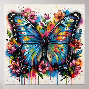 Poster Arte de Rua Grafite Grunge Borboleta Azul Morpho