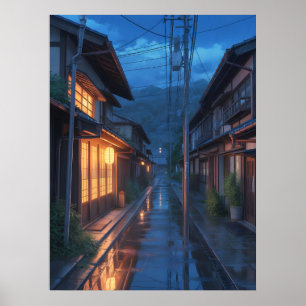 Poster Arte de Rua Japonesa com Chuva Nebulosa