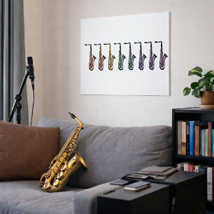 Poster Arte de Saxofone em Linha de Chuvas de Cores Músic