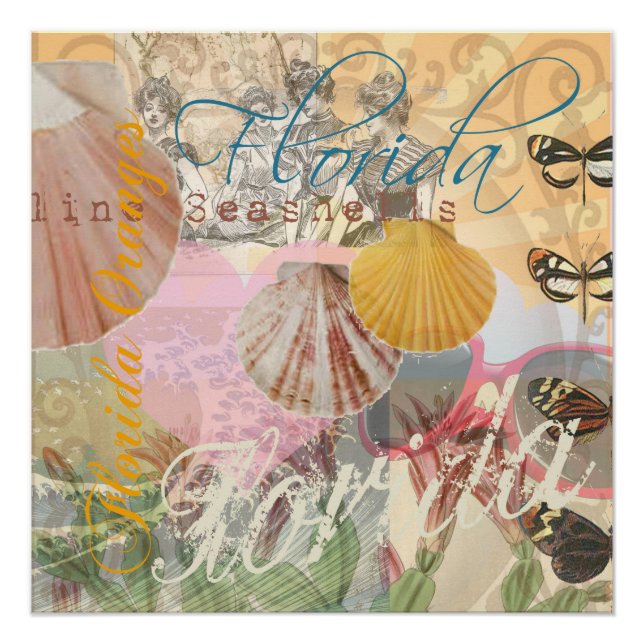 Póster Arte de Shell de Seashell na Florida Viagens vinta (Frente)