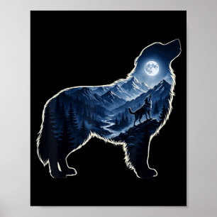 Poster Arte de silhueta de cachorro uivando floresta mont