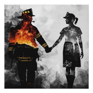 Póster Arte de Silhueta de Casal de Bombeiro e Enfermeira