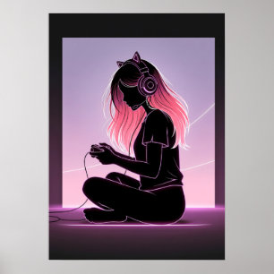 Poster Arte de Silhueta de Garota Minimalista Gamer