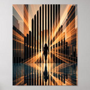 Poster Arte de Silhueta de Túnel de Cidade Dourada Simétr