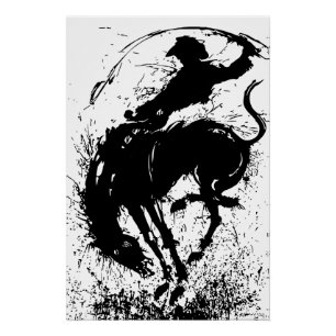 Póster Arte de Silhueta Dinâmica de Rodeio Cowboy