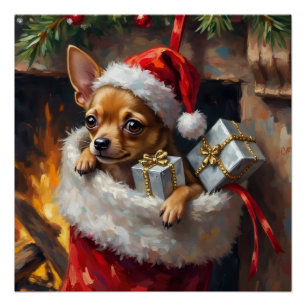Póster Arte de Surpresa de Meia de Natal com Cachorro Chi