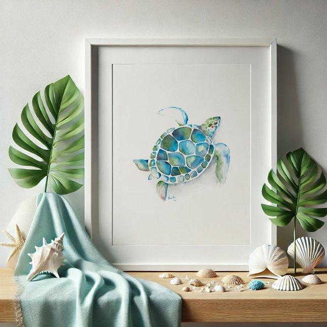 Poster Arte de Tartaruga Marinha Verde Grande e Azul (Watercolor sea turtle drawing by Victoria Grigaliunas of Do Tell A Belle unique beach pictures)