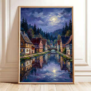 Poster Arte de tela de vila à luz da lua