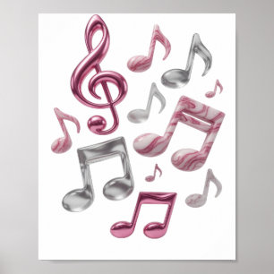 Poster Arte de texto 3D em prata ousada MÚSICA EM ROSA E