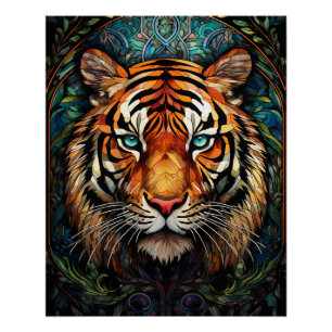 Póster Arte de Tigre de Vidro Pintado Olhos Azuis