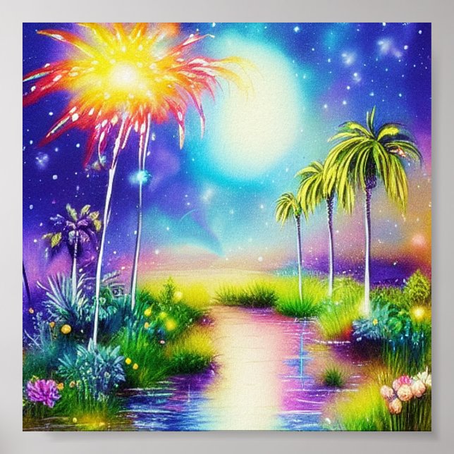 Poster Arte de tinta e água de lago tropical (Frente)