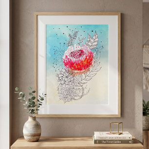 Poster Arte de Tinta Floral em Aquarela Rosa Vibrante