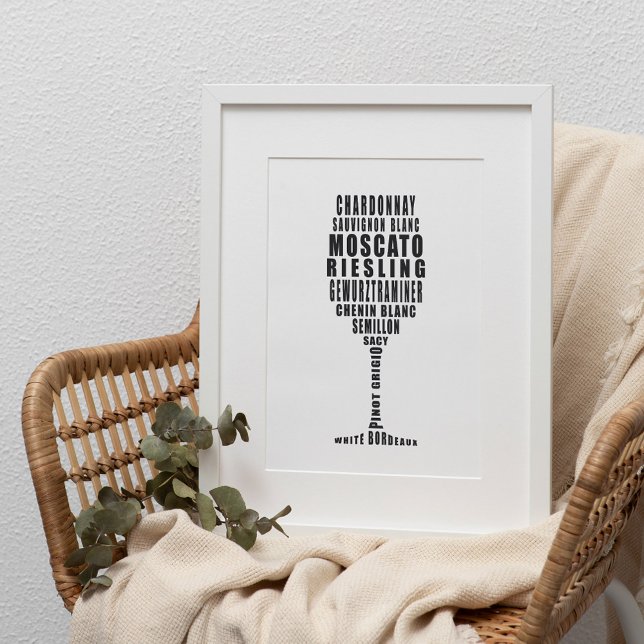 Poster Arte de Tipografia de Vinho Branco em preto e bran (Criador carregado)