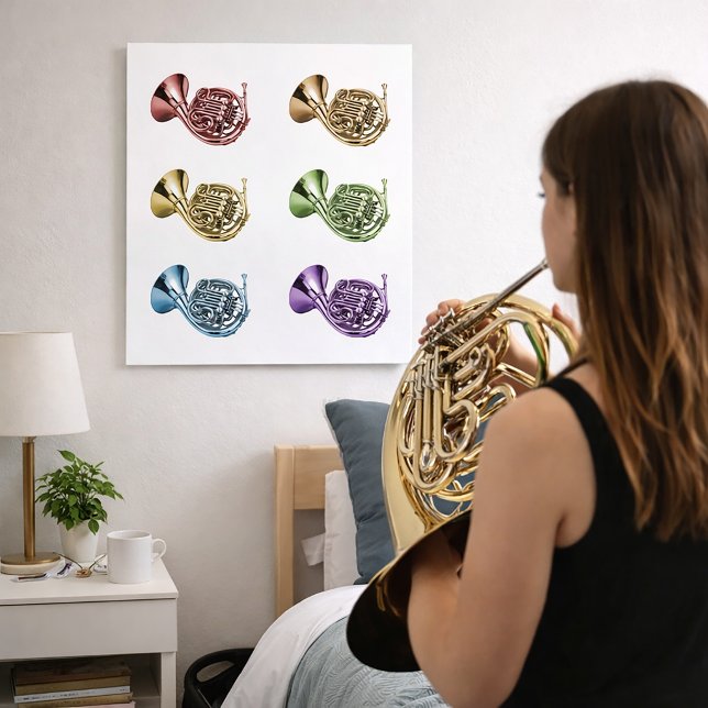 Poster Arte de Trompa Francesa em Cores de Arco-íris Inst (A poster featuring red, orange, yellow, green, blue and purple french horns.)
