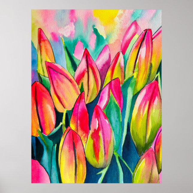 Poster Arte de tulipas de aquarela rosa (Frente)