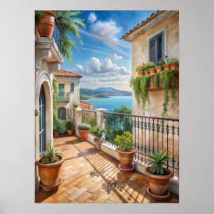 Poster Arte de Varanda Mediterrânea Ensolarada Vista para
