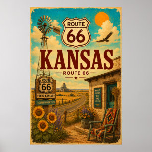 Poster Arte de Viagem da Rota 66 Kansas Girassol Vintage