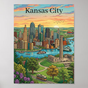 Poster Arte de Viagem da Silhueta de Kansas City Vintage