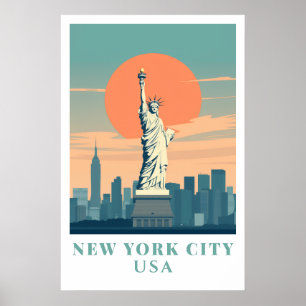 Poster Arte de Viagem Vintage da Estátua da Liberdade da