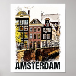 Poster Arte de Viagens vintage das ruas de Amsterdã