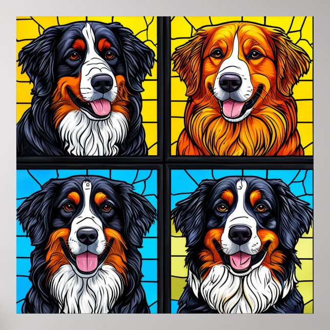 Poster Arte de Vidro Colorido de Cães (Frente)