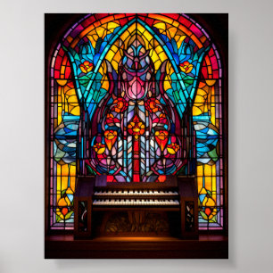 Poster Arte de Vidro Colorido de Órgão de Catedral Floral