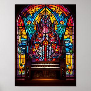 Poster Arte de Vidro Colorido de Órgão de Catedral Floral