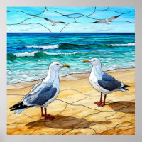 Arte de Vidro Pintado de Gaivotas numa Praia