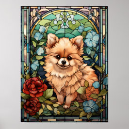 Poster Arte de Vidro Pintado Floral com Filhote de Pomerâ