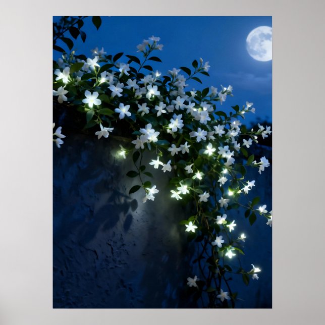 Poster Arte de Vinha de Flores Brancas ao Luar (Frente)