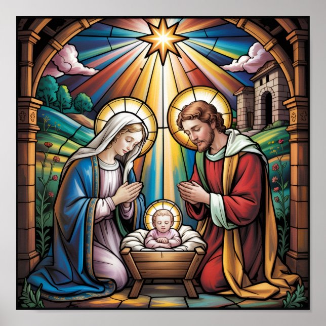 Poster Arte de Vitral da Natividade – Natal da Sagrada Fa (Frente)