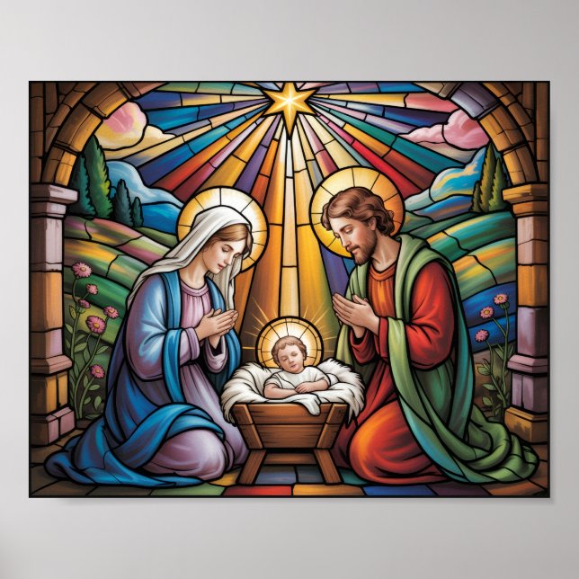 Poster Arte de Vitral da Natividade – Natal da Sagrada Fa (Frente)