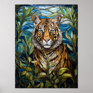 Poster Arte de vitral de tigre na selva