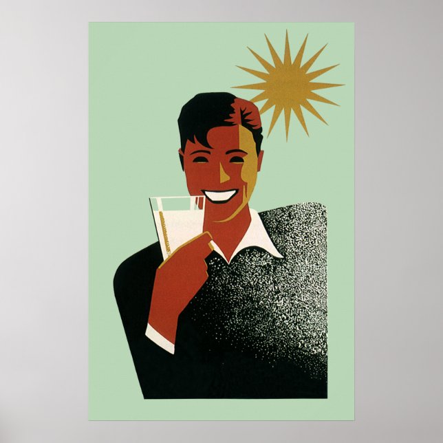 Poster Arte Deco Antigo, Homem com Coquetel ao Sol (Frente)