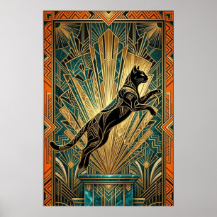 Poster Arte Deco Arte de Parede de Gato Preto Saltando