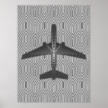 Póster Arte Deco Avião, Grafite e Cinzas de Prata<br><div class="desc">Impressão em uma Arte Deco inspirou o conceito de um plano futurista,  em um gradiente de prata listrado e sedoso a cinzas/cinzas de grafite profundo,  contra cinzas de prata clara e profunda,  fundo Deco</div>