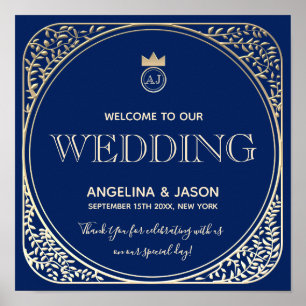 Poster Arte Deco Azul Bem-Vindo Casamento