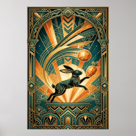 Poster Arte Deco Coelho Saltitante Dourado e Azul Arte