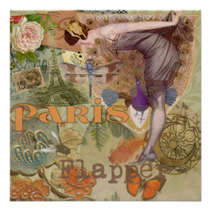 Póster Arte Deco Colagem de Pavão Flapper Paris Antigo