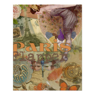 Póster Arte Deco Colagem de Pavão Flapper Paris Antigo