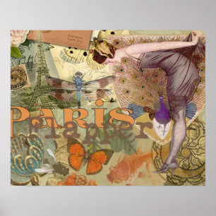 Poster Arte Deco Colagem de Pavão Flapper Paris Antigo