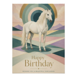 Póster Arte Deco de Aniversário Cavalo Branco Geométrico