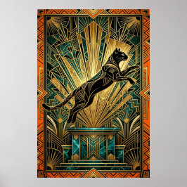 Poster Arte Deco de Lince Dourado Saltando na Parede