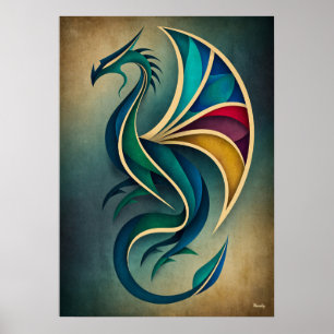 Poster Arte Deco Dragão Abstrato Geométrico Parede Fantas
