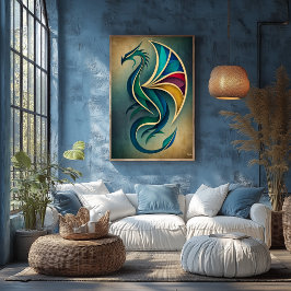 Poster Arte Deco Dragão Abstrato Geométrico Parede Fantas